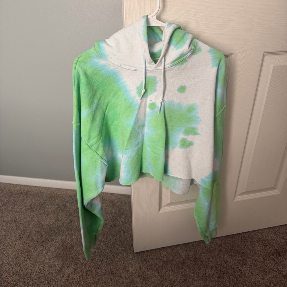 Gildan Mint and White Tie-Dye Cropped Hoodie